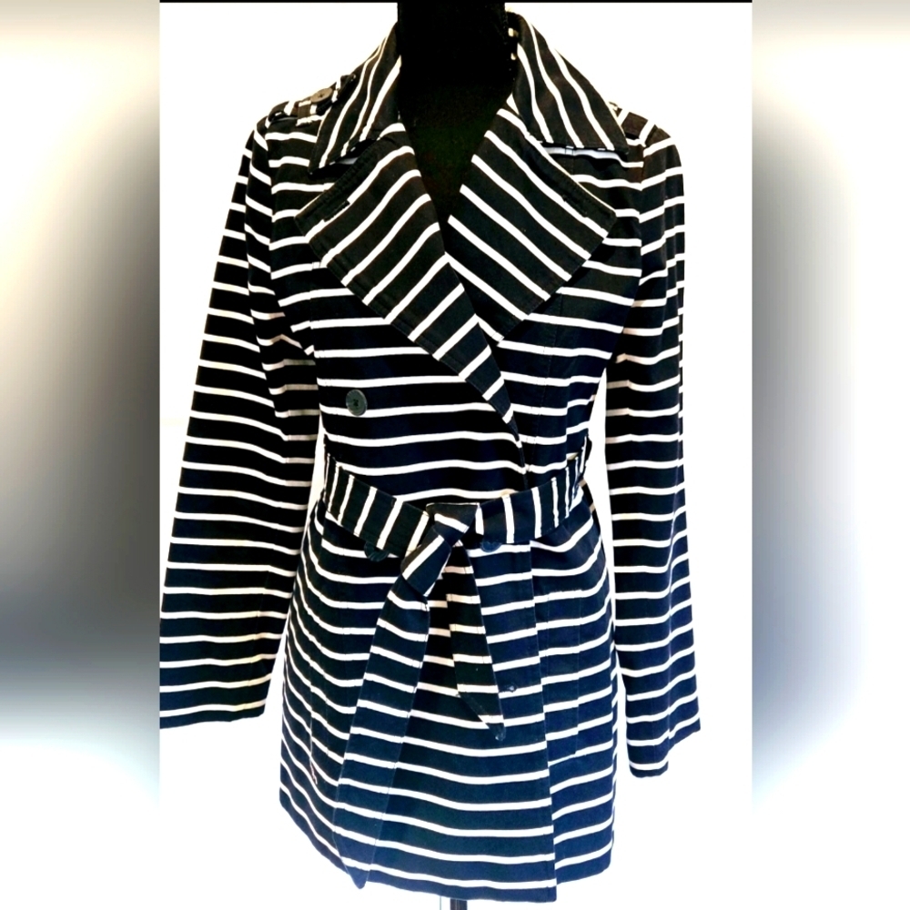 LOFT Trench Coat Navy & White Stripes Double Breasted Wrap Around Tie sz Sm